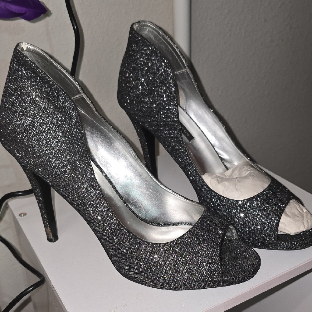 Caparros Black Glitter Peep-Toe Heels